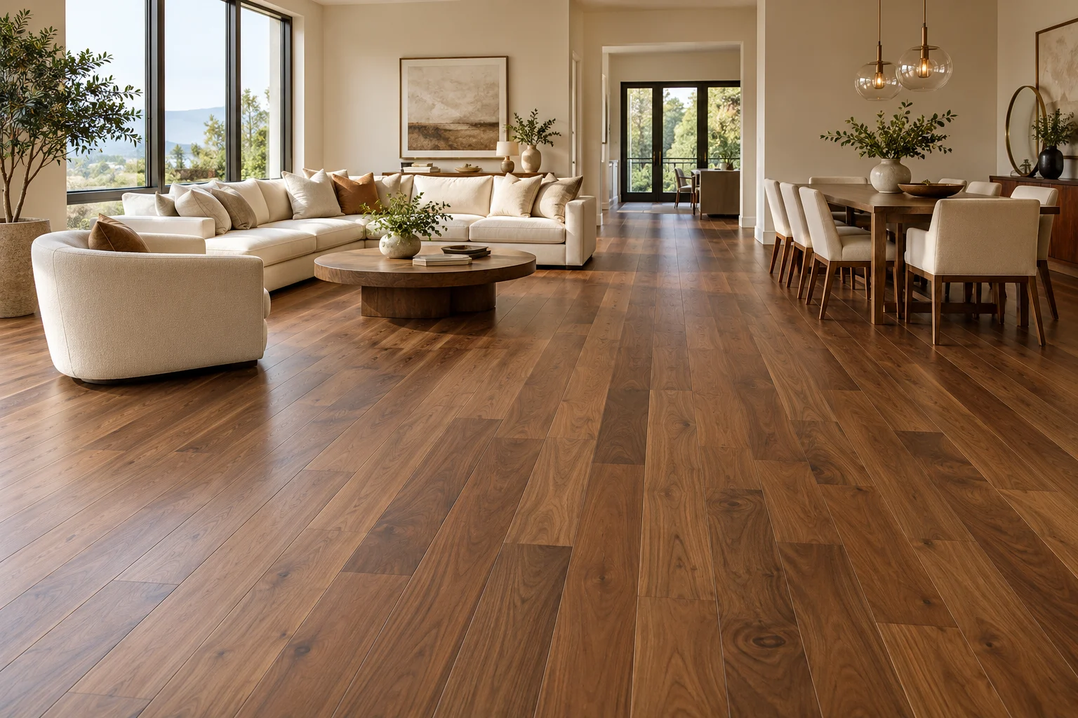Walnut engineered hardwood inspiration for a living and dining room
