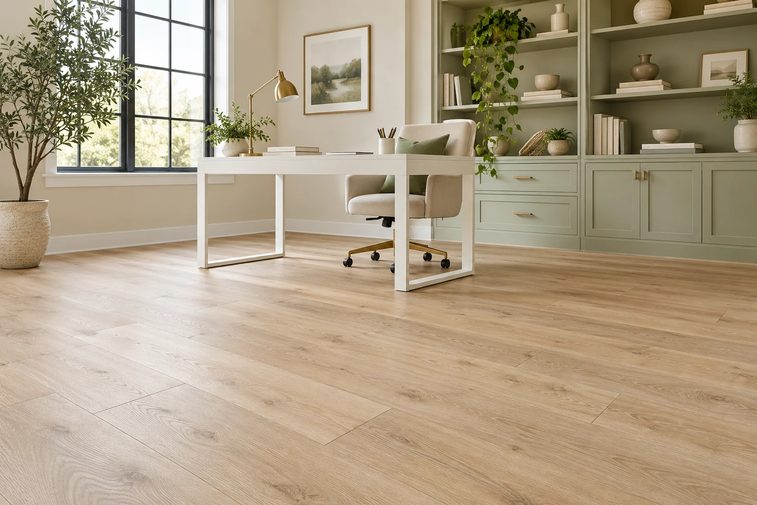 Pale oak-look laminate in a bright home office