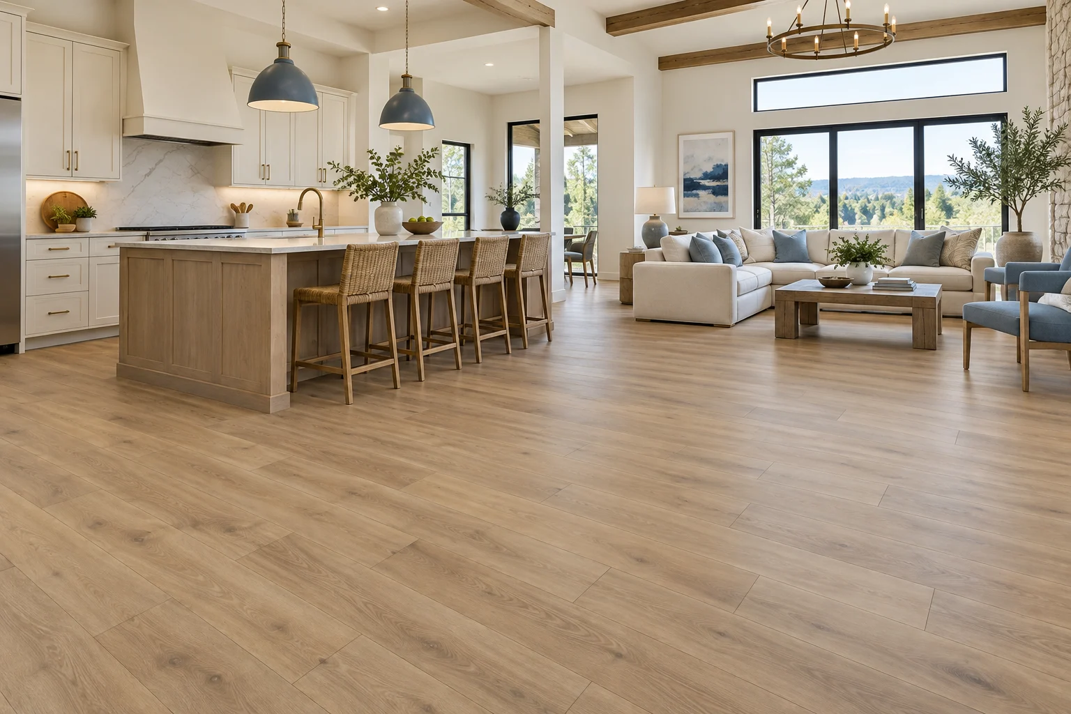 Light oak-look LVP in an open kitchen and living room