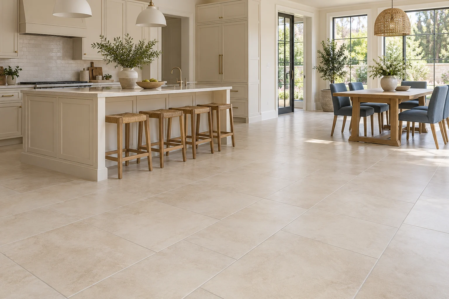 Warm ivory tile flooring with light grout in a bright kitchen and dining area